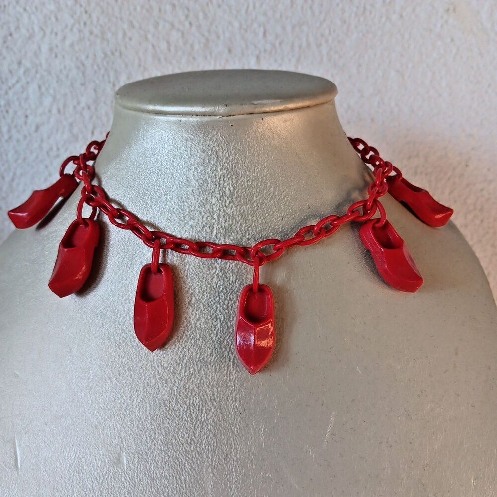 1930s-1940s Red Celluloid Clog Necklace Choker Plastic Whimsical 15in Red Shoes